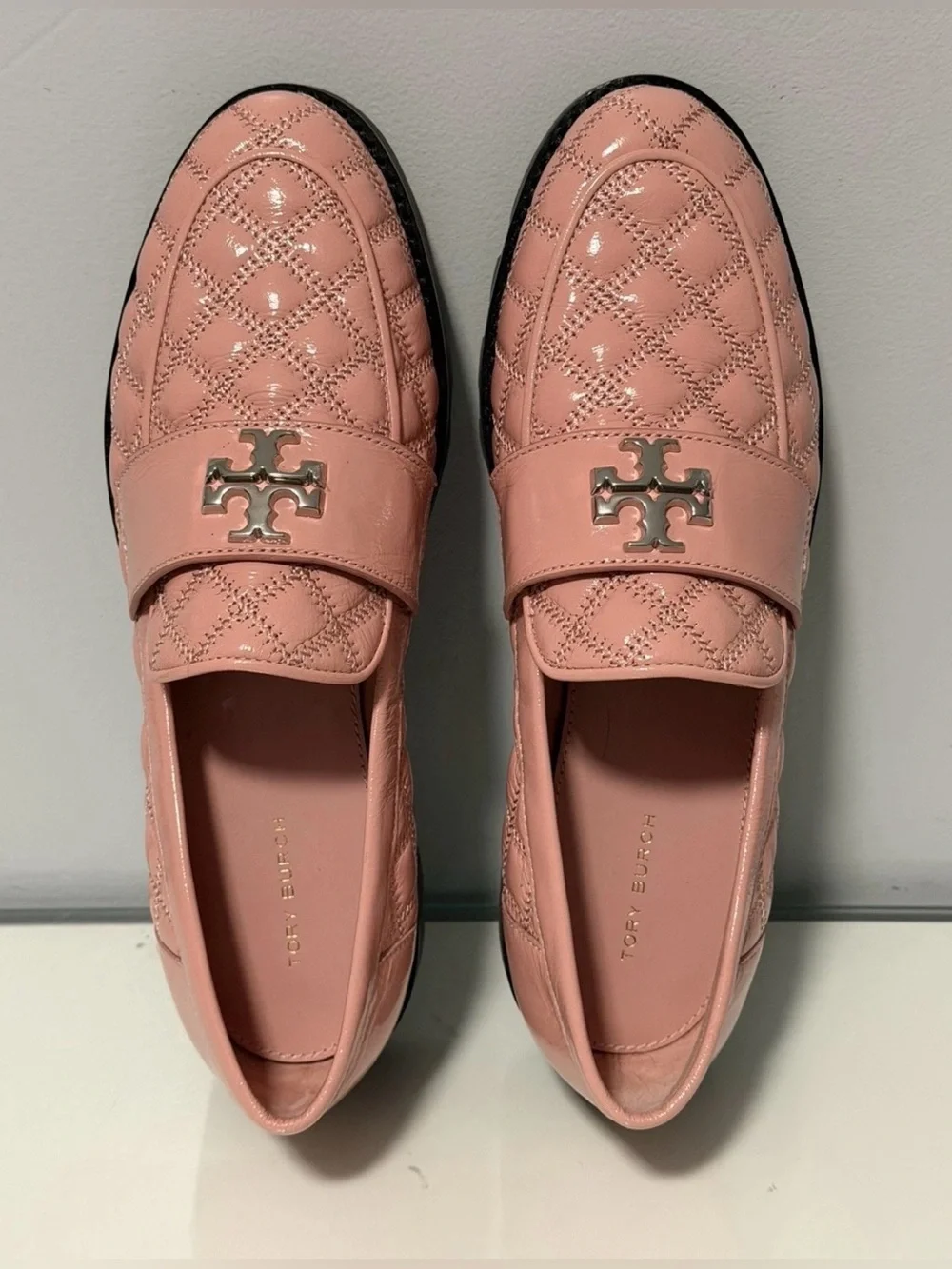 Tory Burch Blush Quilted Leather Loafers with Logo Accent